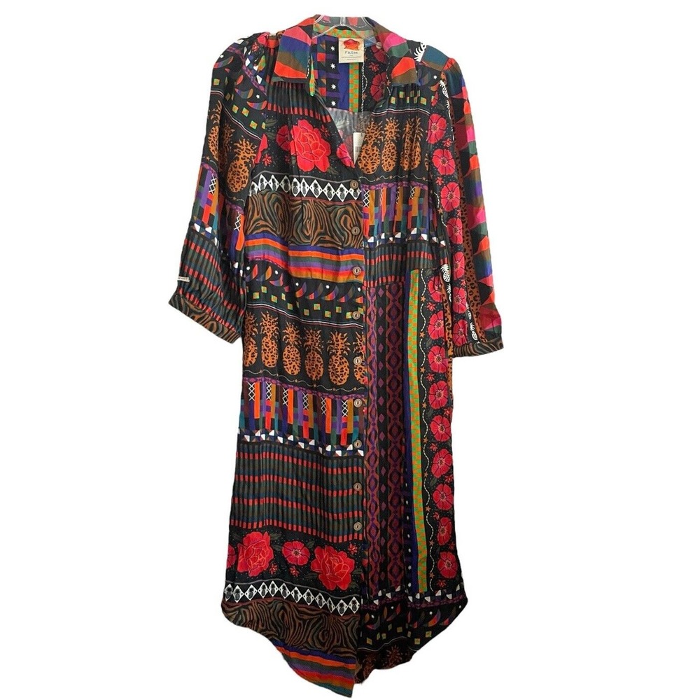NWT Farm Rio Anthropologie Ciela Midi Shirt Dress Size XS Boho 3/4 Sleeve Floral